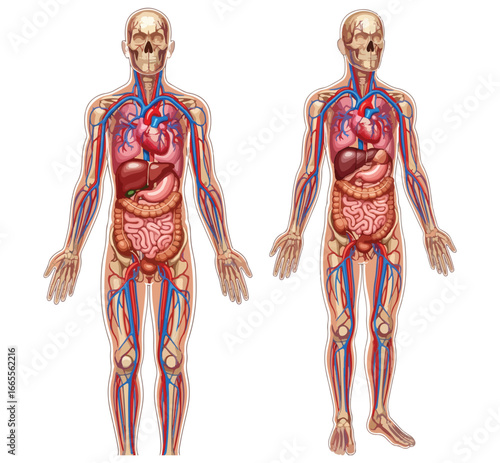 a full-body diagram of the human anatomy showing both the skeletal and major organ systems