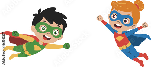 Cute cartoon superhero boy and girl flying in sky, happy children in colorful costumes, kids imagination, fantasy adventure, hero illustration