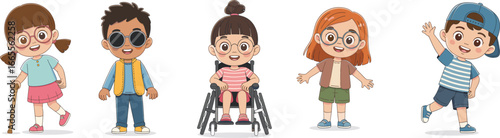 Diverse children characters, cartoon illustration, kids with disabilities, wheelchair user, blind child, inclusive education, happy students, friendship, equality, diversity, smiling faces
