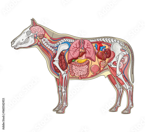 A detailed diagram illustrating the internal skeletal muscle and organ systems of a horse