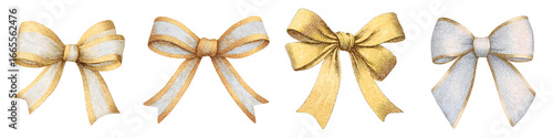 Watercolor golden gold and silver Ribbon Bow Set, Festive and Decorative Illustration, Isolated