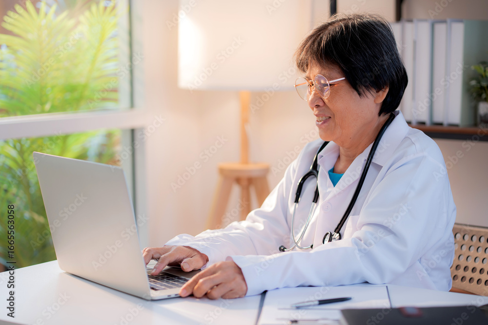 Senior asian doctor woman working on laptop computer on desk in clinic, elderly female physician video call or online consultation with medical, assistance or support with medical. Senior asian doctor woman working on laptop computer on desk in clinic, elderly female physician video call or online consultation with medical, assistance or support with medical.