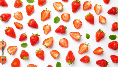 Pattern of fresh red strawberries and green mint leaves on white background