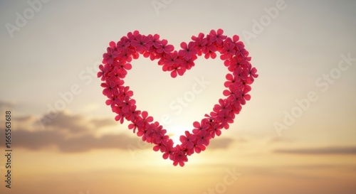 Pink Heart Made of Flowers Floating in Sky During Sunset
