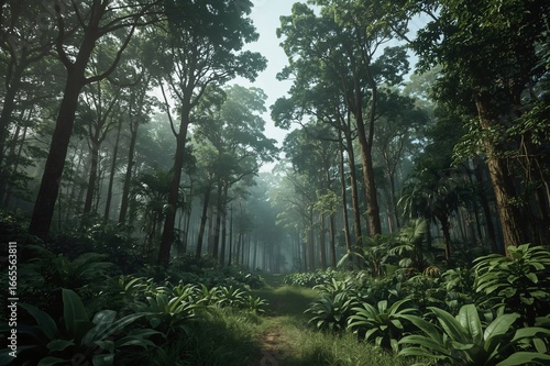 Misty jungle path, sunrise, lush foliage, adventure