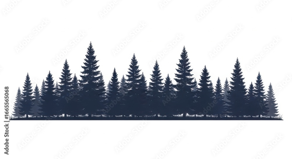 Fototapeta premium Silhouette of Tall Evergreen Trees Forest in Dark Blue on White Background