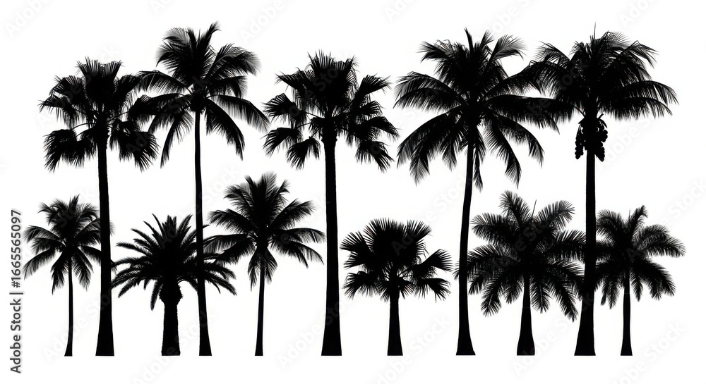Obraz premium Silhouette of Tall Palm Trees on White Background for Tropical or Nature Themes