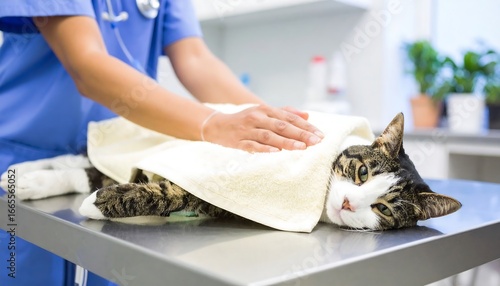 A veterinarian's gentle hands care for a tabby cat wrapped in a towel on a stainless steel examination table.