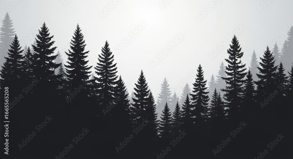 Obraz premium Silhouette of Tall Pine Trees in Misty Forest Scene with Soft Gray Sky
