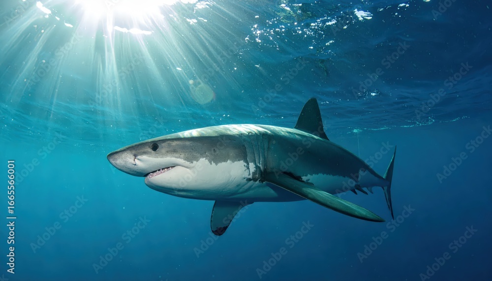 Obraz premium A great white shark swims in sunlit blue water