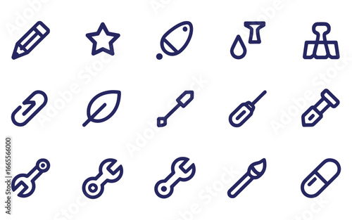 Collection of Minimalist Line Icons Representing Office Supplies and Tools for Work and Creative Projects for Digital and Print