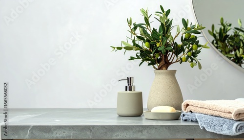 Wallpaper Mural Minimalist bathroom countertop with soap dispenser, towels, and olive branches in a vase Torontodigital.ca