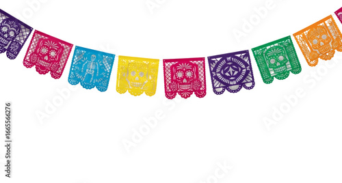 Day of the dead papel picado banner colorful mexican decoration celebration on transparent background