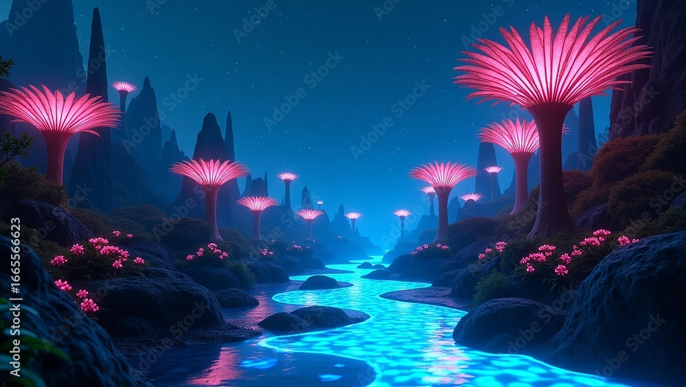 Fototapeta premium Fantasy Landscape with Glowing Pink Trees