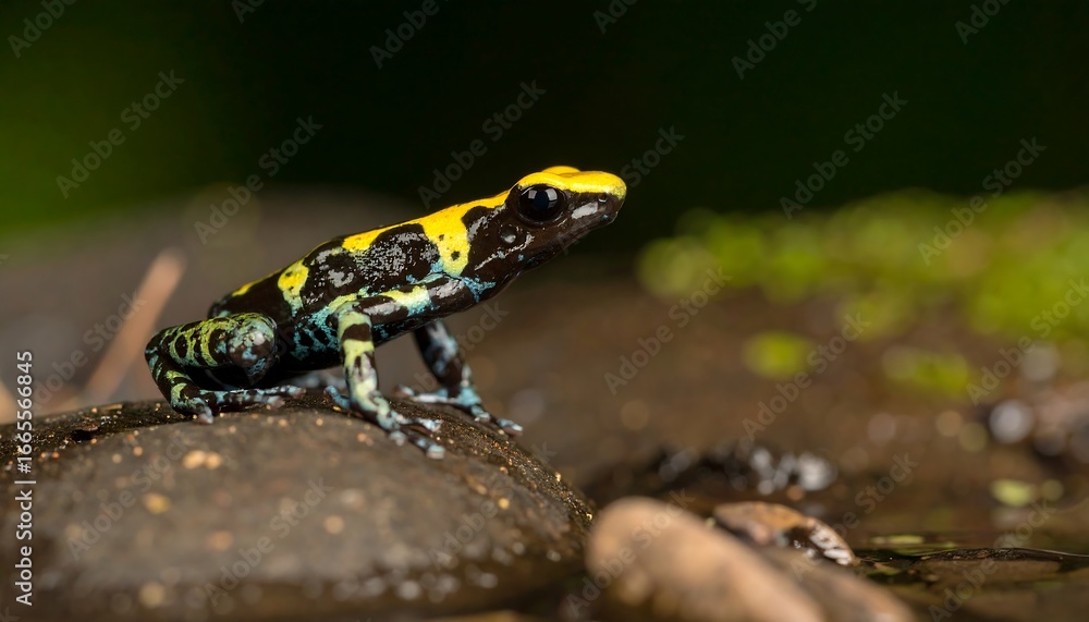Obraz premium Vibrant, colorful poison dart frog perched on a dark rock, showcasing its striking patterns and hues.