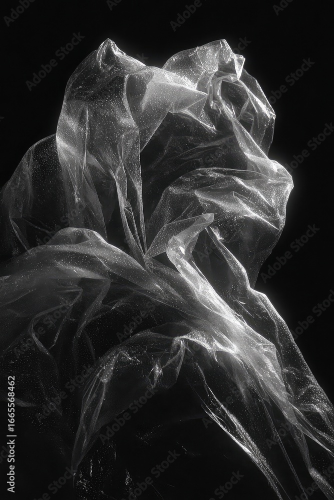 Naklejka premium Translucent plastic draped in abstract form against a black backdrop