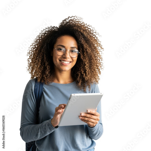 Wallpaper Mural Smiling woman with curly hair holding a tablet computer in a professional setting transparent background Torontodigital.ca