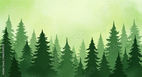 Watercolor Forest Scene with Green Pine Trees and Soft Background