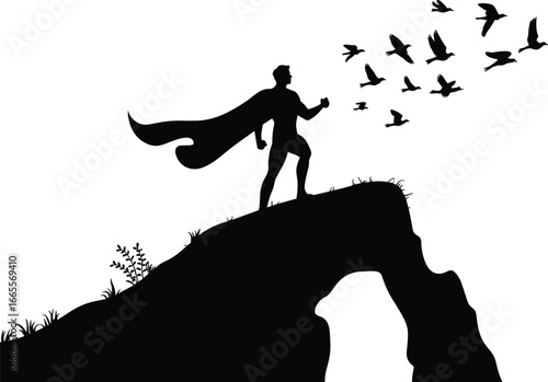 Silhouette superhero standing on cliff edge, dramatic pose with cape, birds flying in sky, black and white vector, heroic solitude concept, nature contrast