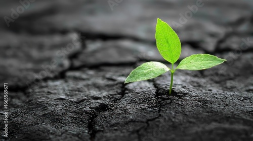 A green sprout growing from a cracked, dry soil surface.