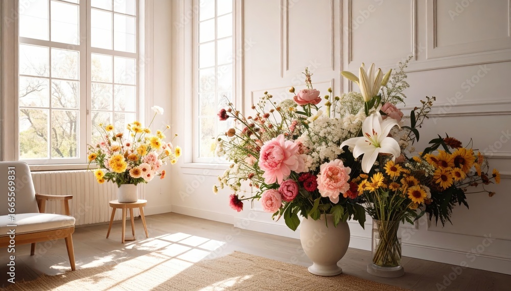 Fototapeta premium Vibrant mixed flower bouquets in elegant vases by sunlit window in a bright room