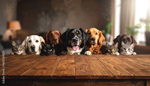 Adorable pets of various breeds gathered together, peering over a rustic wooden table, creating a warm and inviting scene.