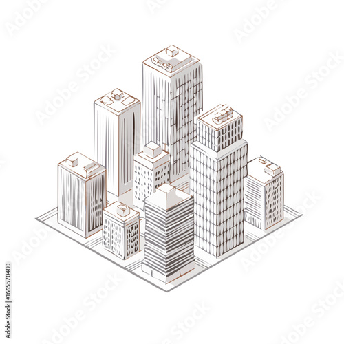 Vector linear illustration of city silhouette with stylized hand-drawn rooftops