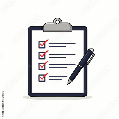 A black clipboard with a white paper displaying four red checkmarks and a pen illustrates successful task completion, efficient planning, and important survey results.