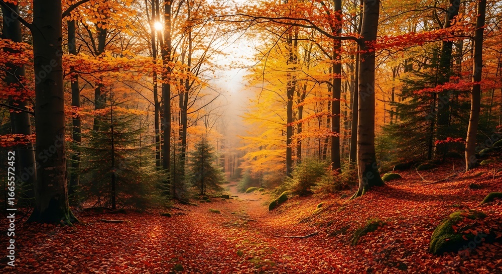 Fototapeta premium Autumn Forest Path Sunlight.