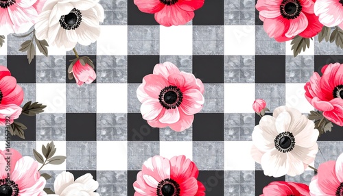 A charming floral pattern features vibrant pink and white anemones, gracefully arranged against a classic black and white gingham background.