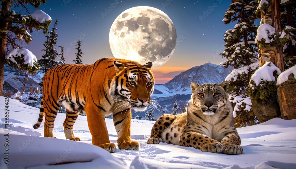 Obraz premium A tiger and snow leopard under a bright full moon in a snowy mountain landscape at night