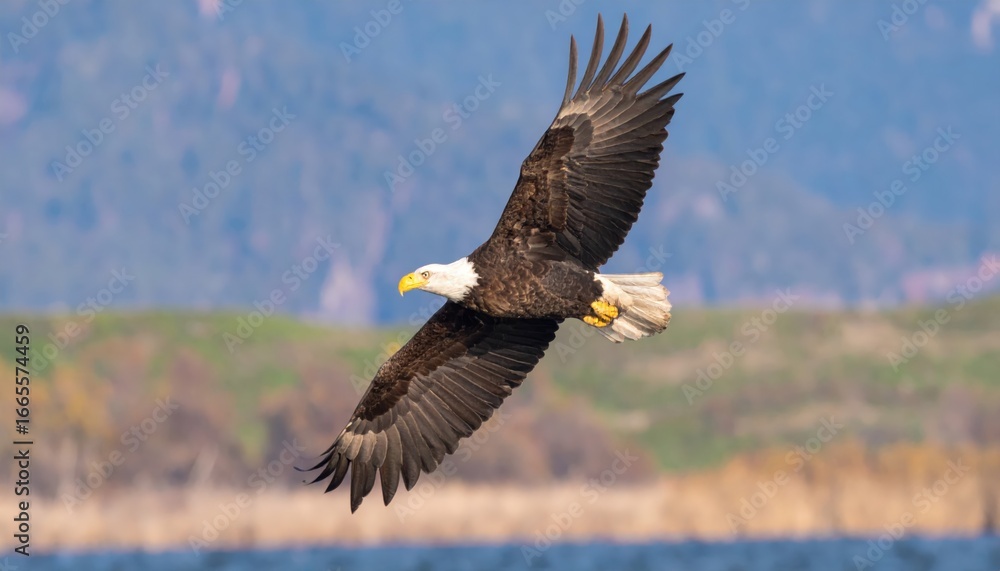 Naklejka premium A majestic raptor soars with outstretched wings against a blurred backdrop of mountains and water