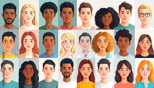 Diverse group of 24 smiling young adult faces in a grid, showcasing various ethnicities and hairstyles