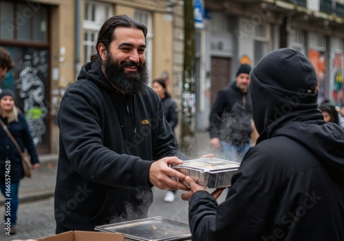 A kind bearded volunteer giving a warm container of food to a person in need on the street, an act of community charity and support.