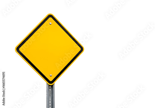 Yellow diamond warning sign on a metal pole isolated on transparent background, indicating potential hazards alerting drivers to proceed with caution
