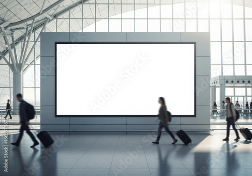 Travelers walk past a large blank display screen in a modern airport terminal.