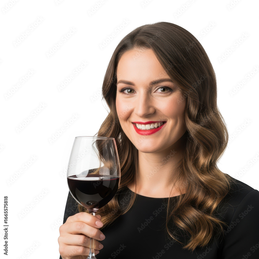 Smiling woman holding a glass of red wine enjoying a relaxing evening transparent background Smiling woman holding a glass of red wine enjoying a relaxing evening transparent background