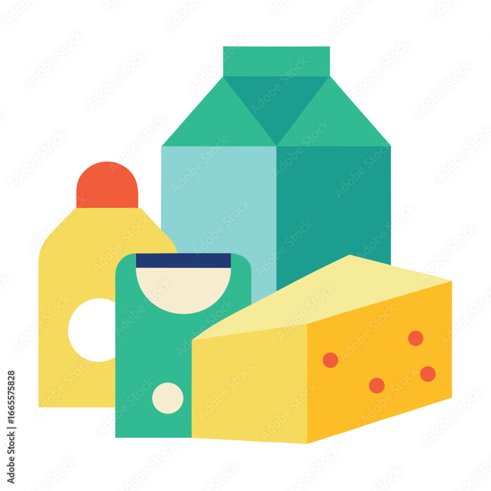 Fototapeta premium Flat colorful vector illustration of a milk carton and cheese