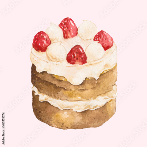 illustration watercolor style painting of desserts strawberry sponge cake whole vector