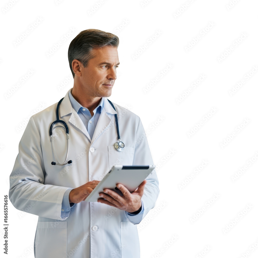 Doctor wearing stethoscope and lab coat holding tablet and looking away transparent background Doctor wearing stethoscope and lab coat holding tablet and looking away transparent background