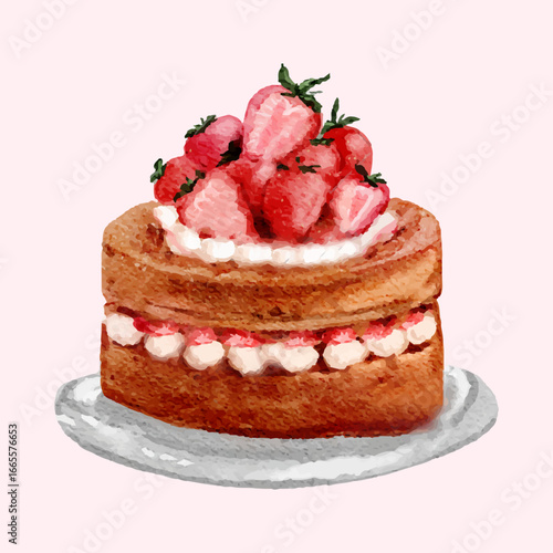 illustration watercolor style painting of desserts strawberry sponge cake whole vector
