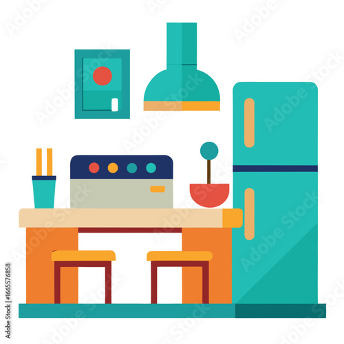 Modern kitchen interior flat design illustration with appliances and furniture