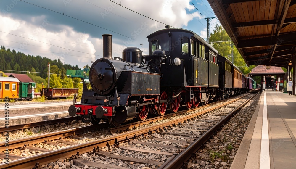 Obraz premium A vintage steam locomotive with passenger cars at a sunlit station platform