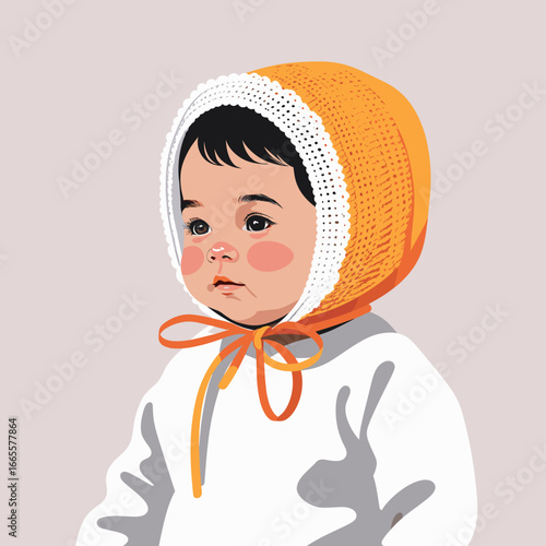 Child wearing orange bonnet with white lace while looking thoughtfully  