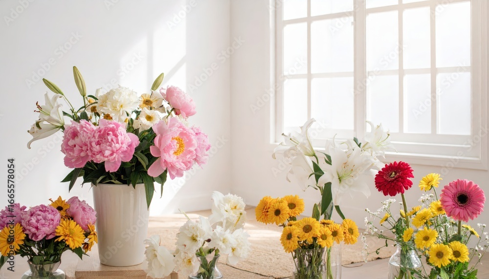 Fototapeta premium Colorful flower bouquets in vases on a table near a sunlit window