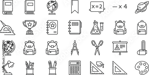 Black and white line icons of school and education items including books, globes, backpacks, stationery, art supplies, and academic symbols