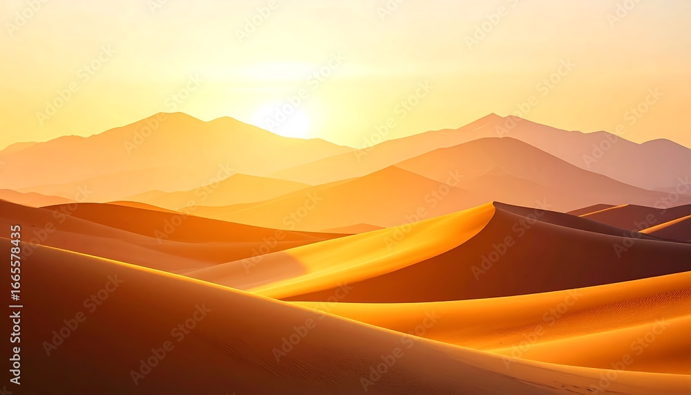 Fototapeta premium Desert Sunset with Golden Sands, and Mountains.