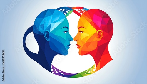 Two colorful, profile-view polygonal heads facing each other, creating a harmonious and thought-provoking design.