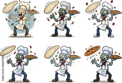 Funny zombie chef tossing pizza dough, undead cook with pizza, cartoon pizza chef, spooky Halloween pizza maker, chef cooking pizza
