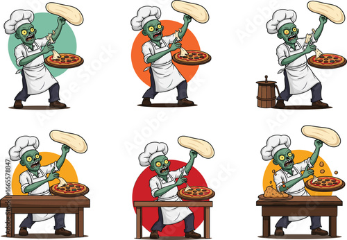 Zombie chef tossing pizza dough, funny undead cook, cartoon pizza maker, Halloween zombie chef, spooky cooking character, pizza kitchen illustration